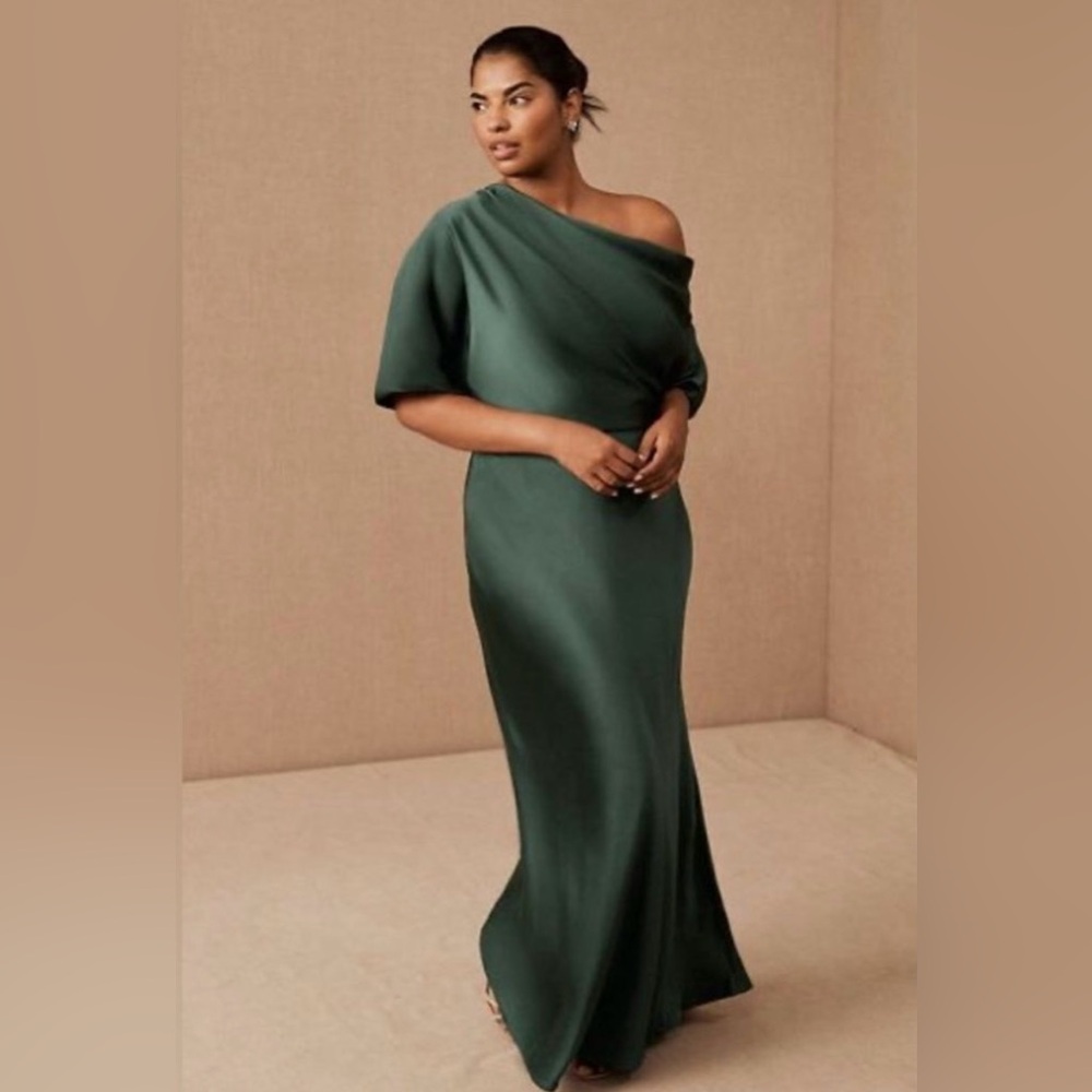 Anthropologie Deep Emerald One-Shoulder Satin Gown - Picture 2 of 7